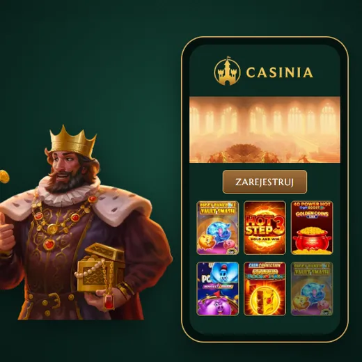 Casinia Kasyno online w telefonie – smartfon z logo Casinia, banerem i kafelkami automatów obok króla z banera