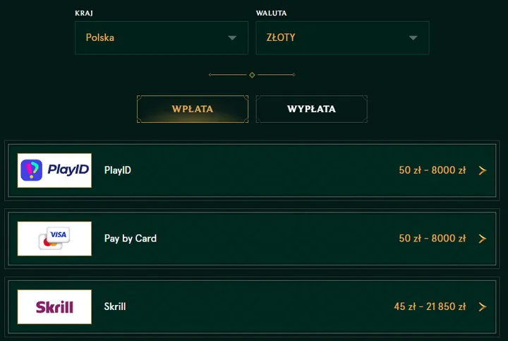 Casinia Kasyno – kasa dla Polski w złotych: wybór kraju i waluty, zakładki Wpłata i Wypłata, PlayID, Pay by Card i Skrill z limitami