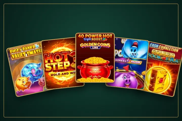Kasyno Casinia – okładki automatów Piggy Bankroll, Hot Step 3, 40 Power Hot, Wheel Rush i Cash Connection w złotych ramkach