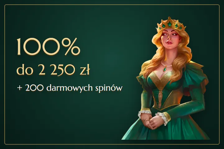 kasyno Casinia – królowa z banera i napis 100% do 2 250 zł + 200 darmowych spinów